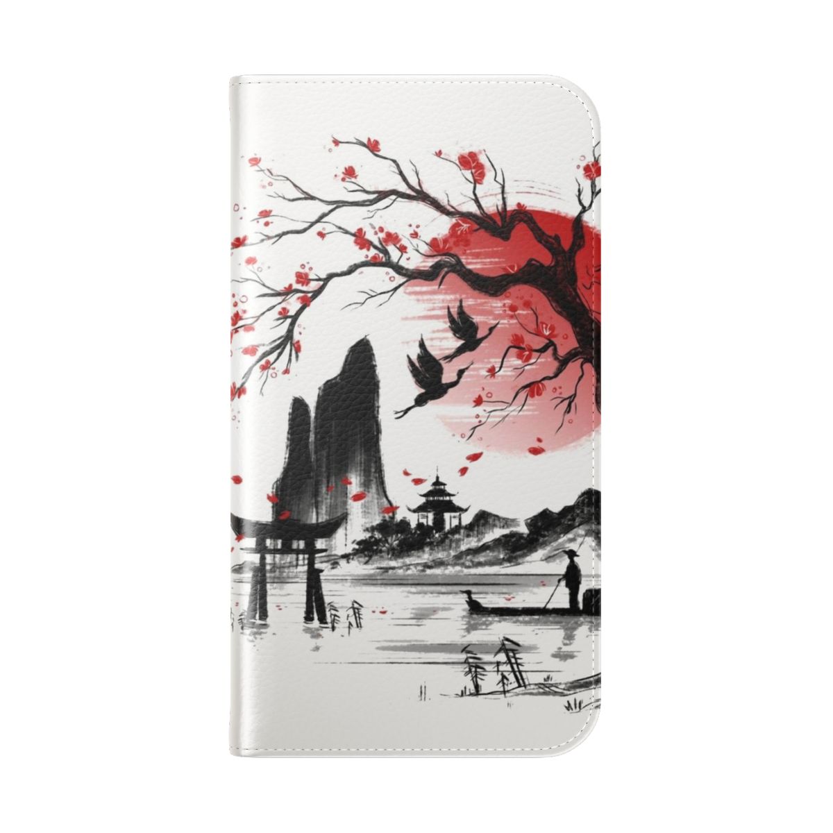 Sakura lake inspired phone case with vintage Japanese cherry blossom pattern - Folded Back