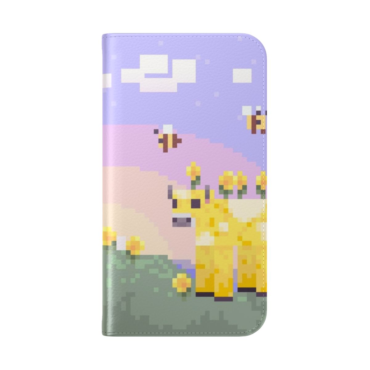 Pastel-colored Minecraft Moobloom and Bee design on a flip cover phone case - Folded Back