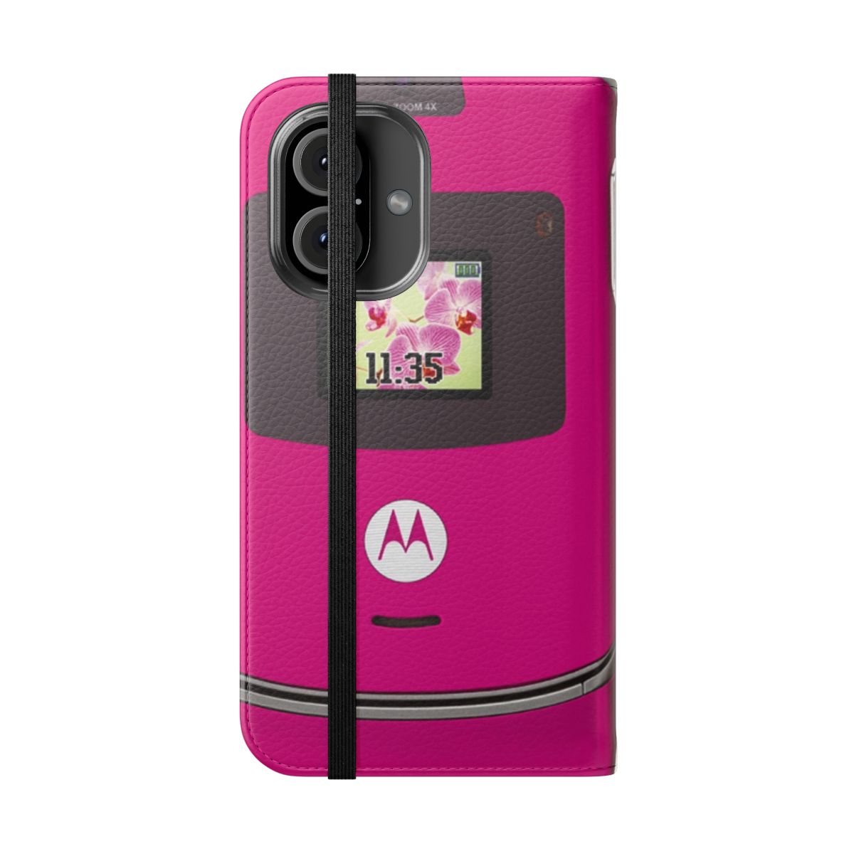 A pink flip cover phone case for the Motorola Razr smartphone, featuring a vintage and nostalgic design. - Folded Front