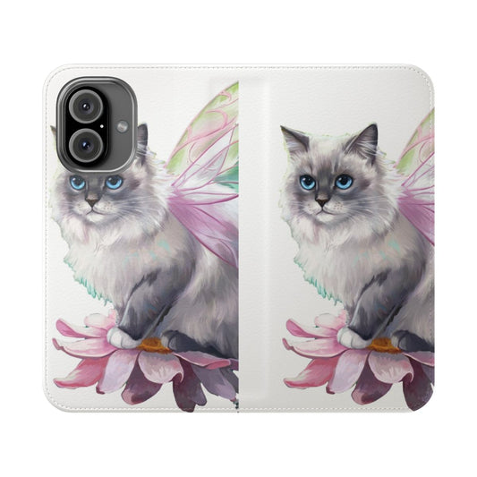 Whimsical phone case featuring a fairy cat surrounded by flowers and mushrooms, in a fantasy fairycore style.