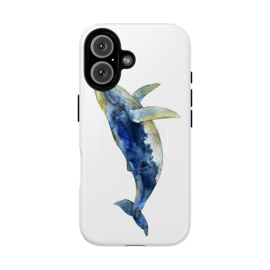 Vibrant watercolor painting of a blue whale on a protective phone case