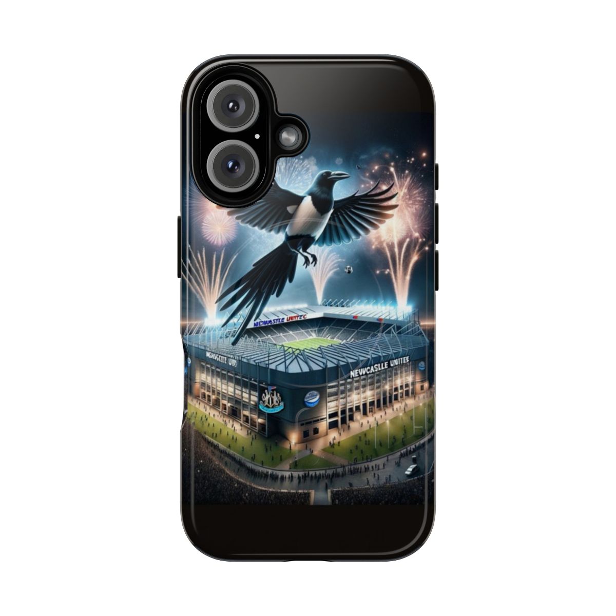 A stylish phone case featuring a night scene of St James' Park, home of Newcastle United Football Club, with a giant magpie and fireworks in the sky.