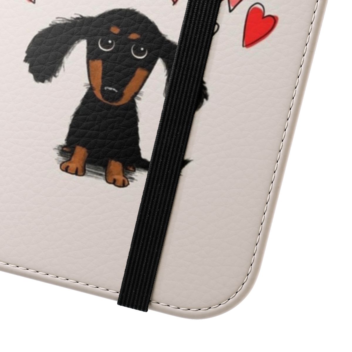 Dachshund puppy dog with pink and red hearts on a black and tan flip cover phone case - Close Up