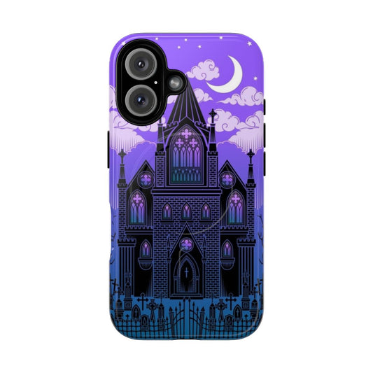 A phone case featuring a gothic church with a spooky, haunted atmosphere.