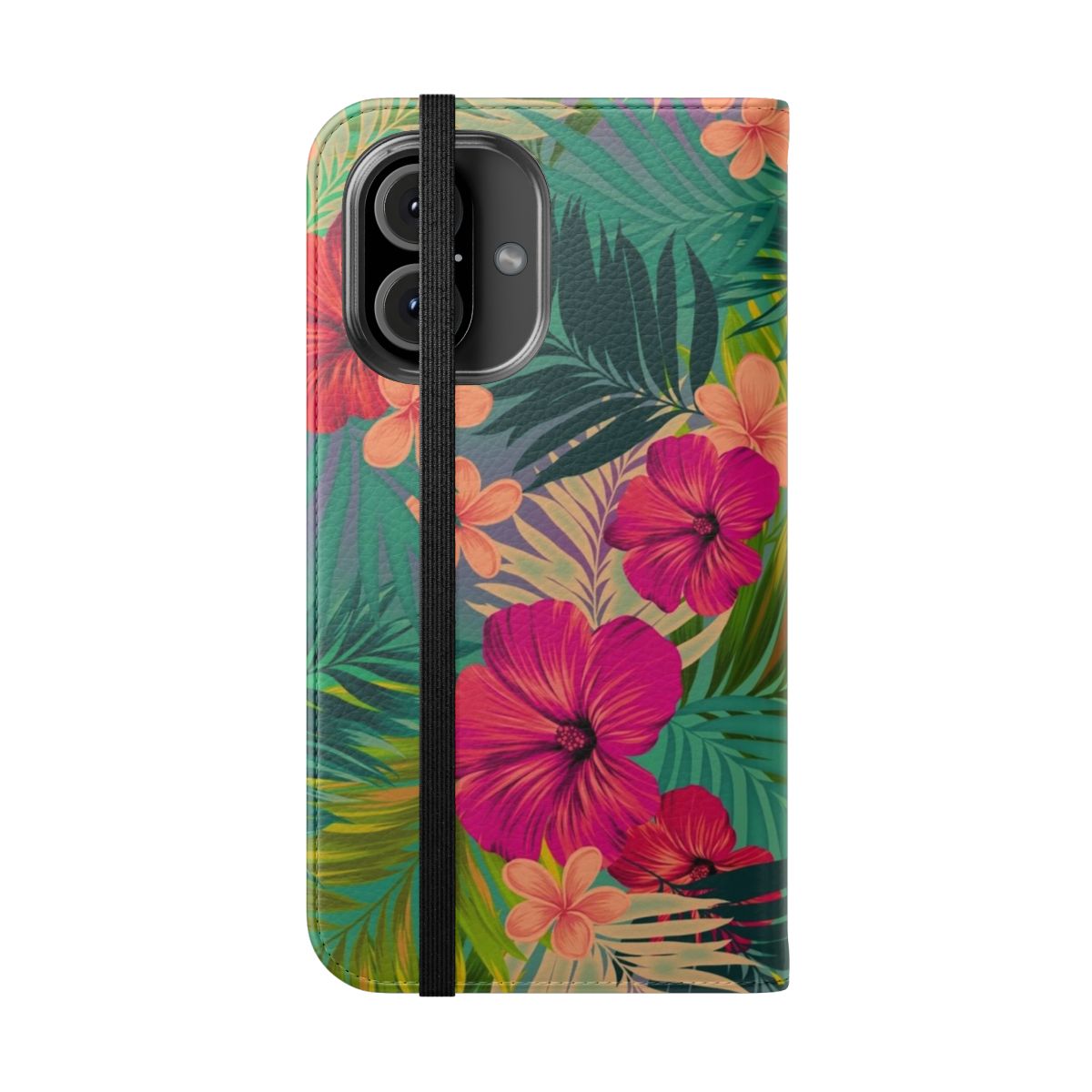 Tropical floral and botanical phone case cover with vibrant sunset beach pattern - Folded Front