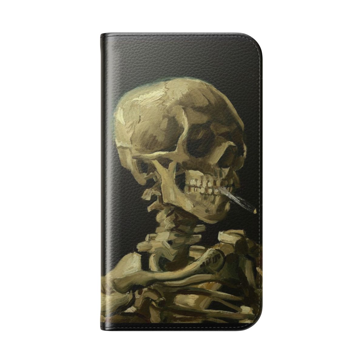 Vintage-style phone case featuring the Skull of a Skeleton with Burning Cigarette painting by Vincent Van Gogh - Folded Back