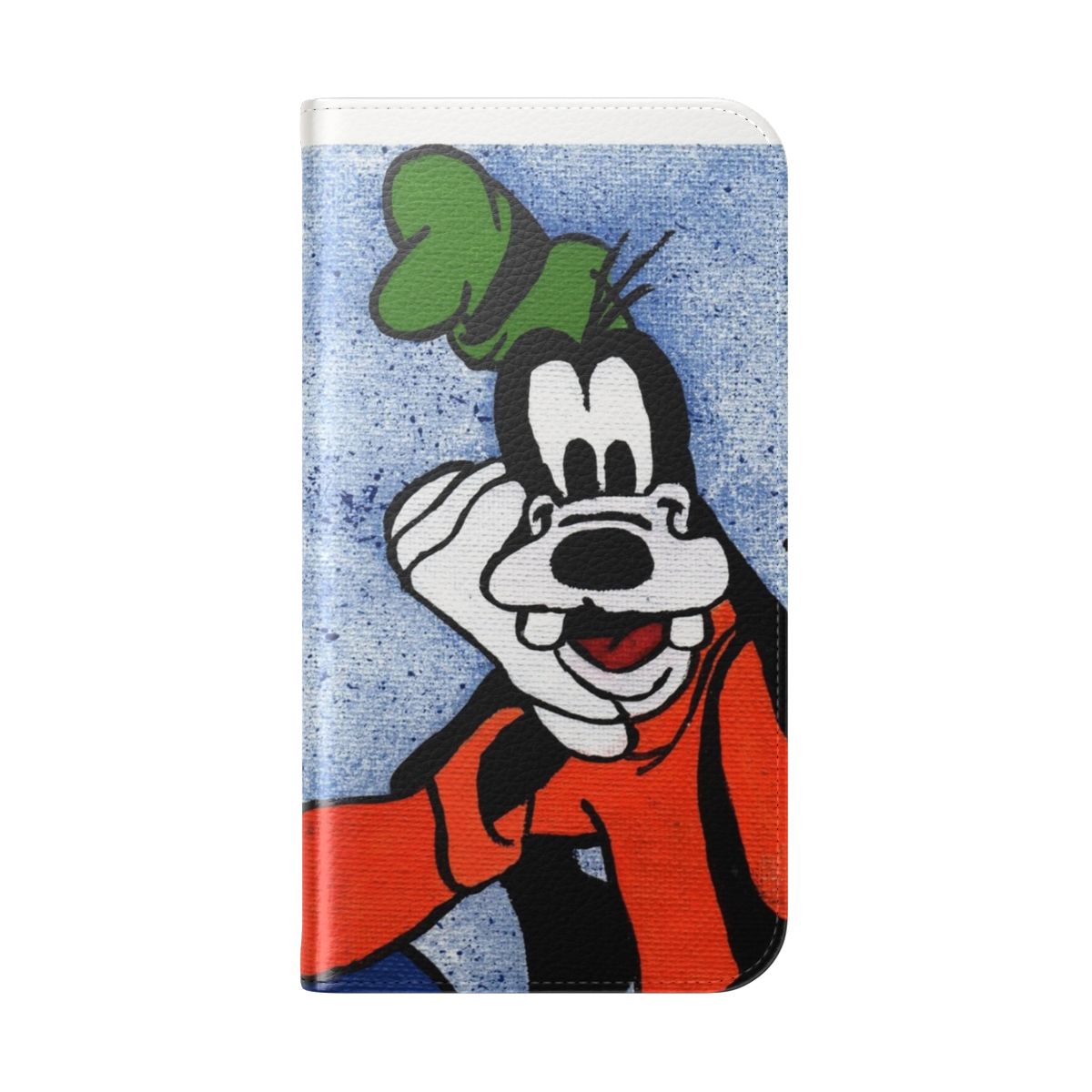 Aw Shucks themed phone case featuring a blue and speckled background with a cartoon goofy-style design - Folded Back