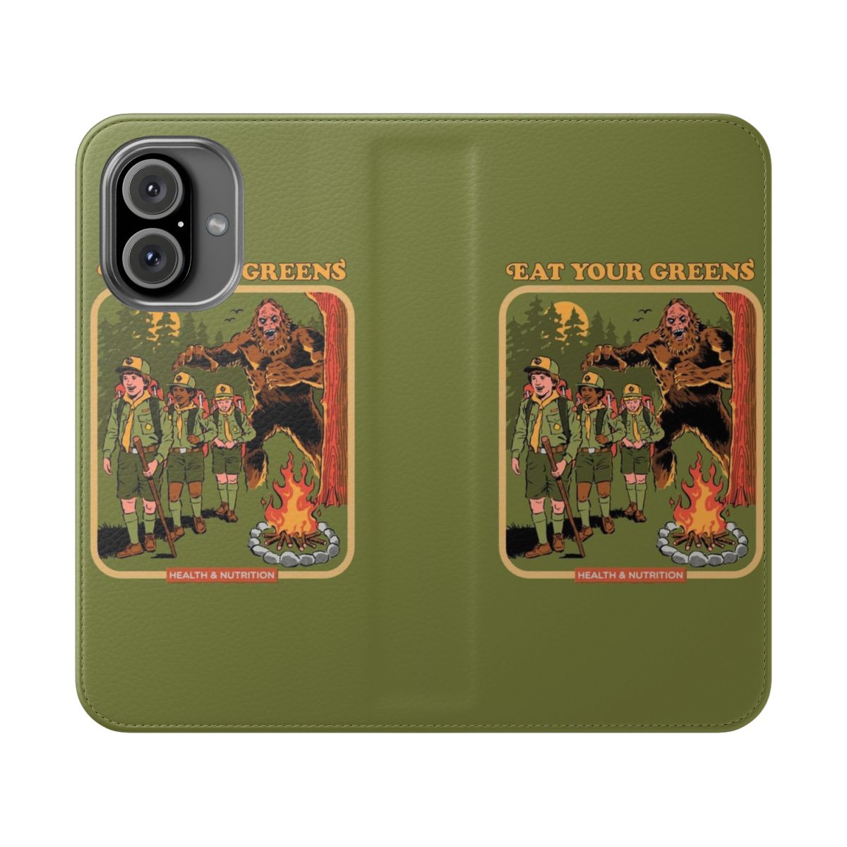 Flip phone case featuring a vintage Bigfoot camping scene with nature elements.