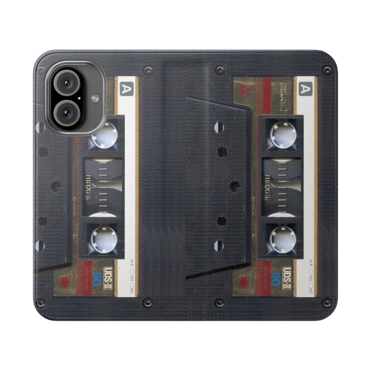 Vintage-style cassette tape pattern on a flip phone case