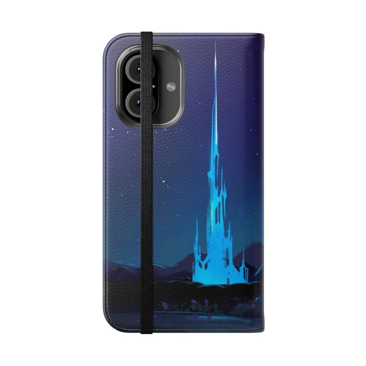 A flip phone case featuring a beautiful night sky and fantasy landscape design, inspired by the video game Final Fantasy XIV. - Folded Front