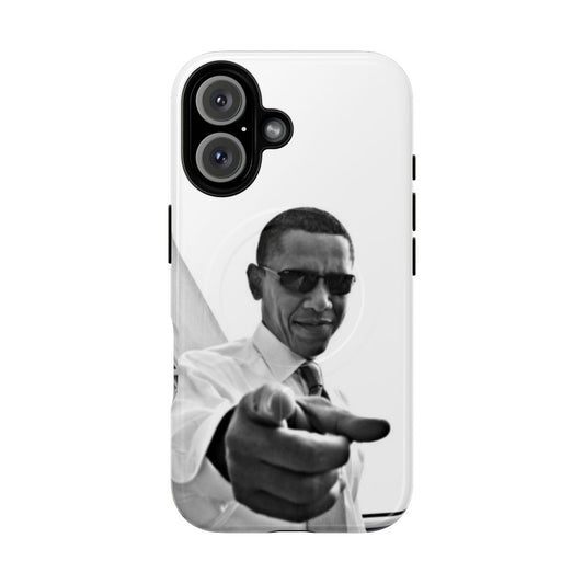 Colorful phone case with illustrations of Barack Obama, Donald Trump, and Hillary Clinton