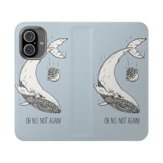 Flip cover phone case with a hand-drawn design featuring a whale, petunias, and references to The Hitchhiker's Guide to the Galaxy.