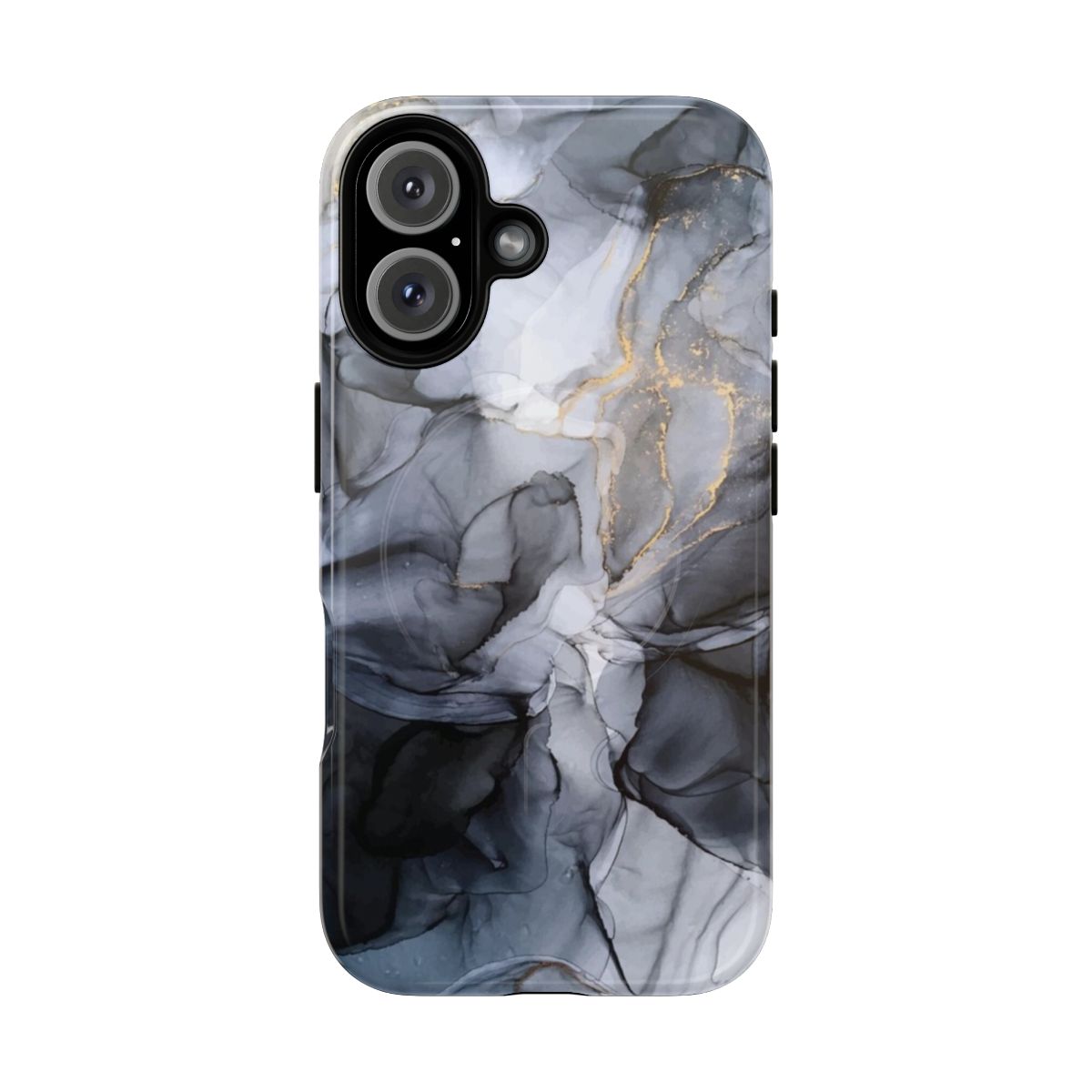 Minimalist phone case featuring a monochromatic abstract art design in shades of black, grey, and white.