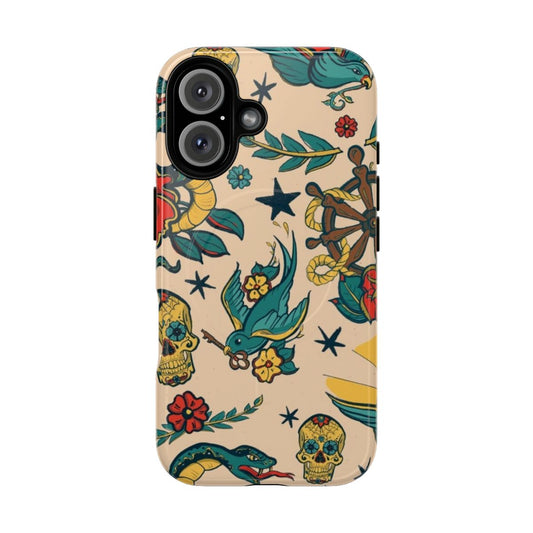 A tough phone case featuring a punk-style tattoo pattern design with birds, skulls, and floral elements.