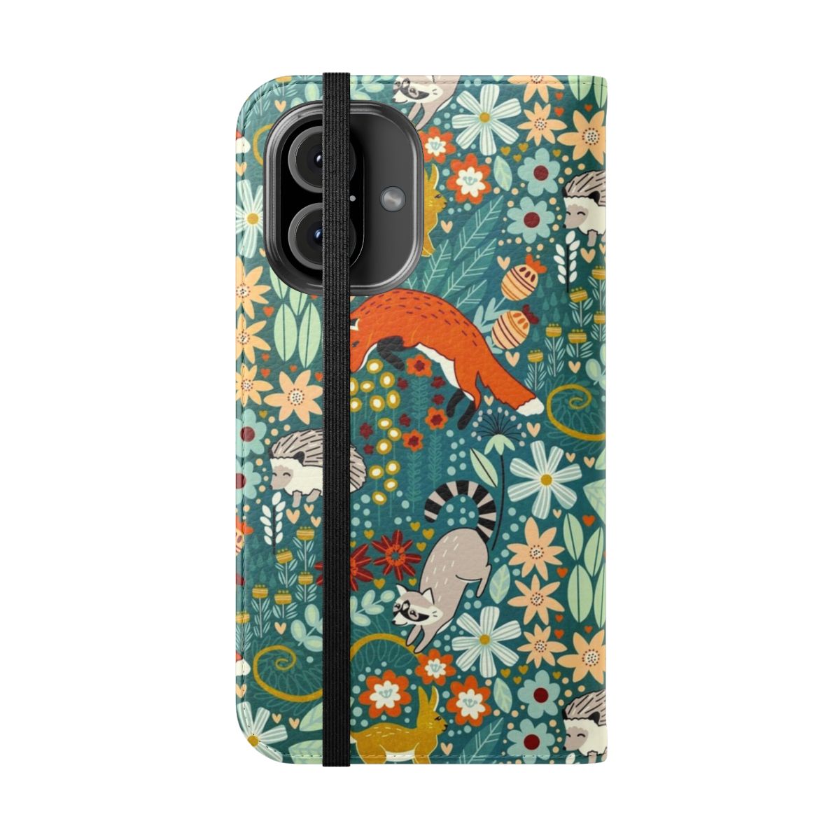 Textured phone case with a hand-drawn woodland pattern featuring foxes, raccoons, rabbits, and flowers - Folded Front