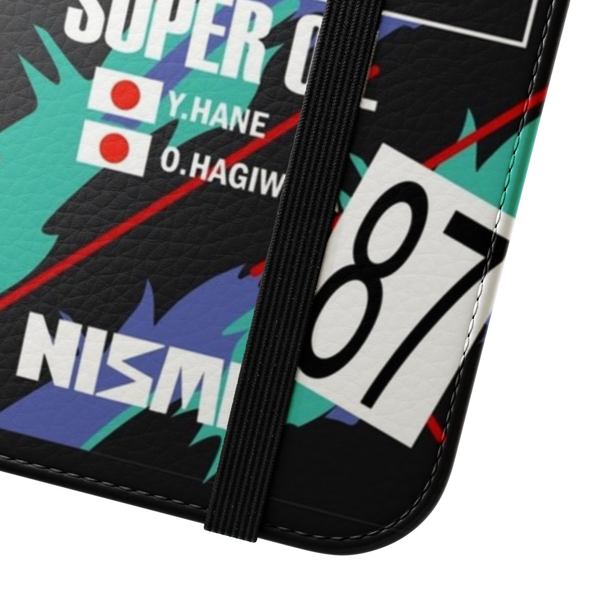 Nissan R32 inspired flip cover phone case with turbocharged styling and performance details. - Close Up