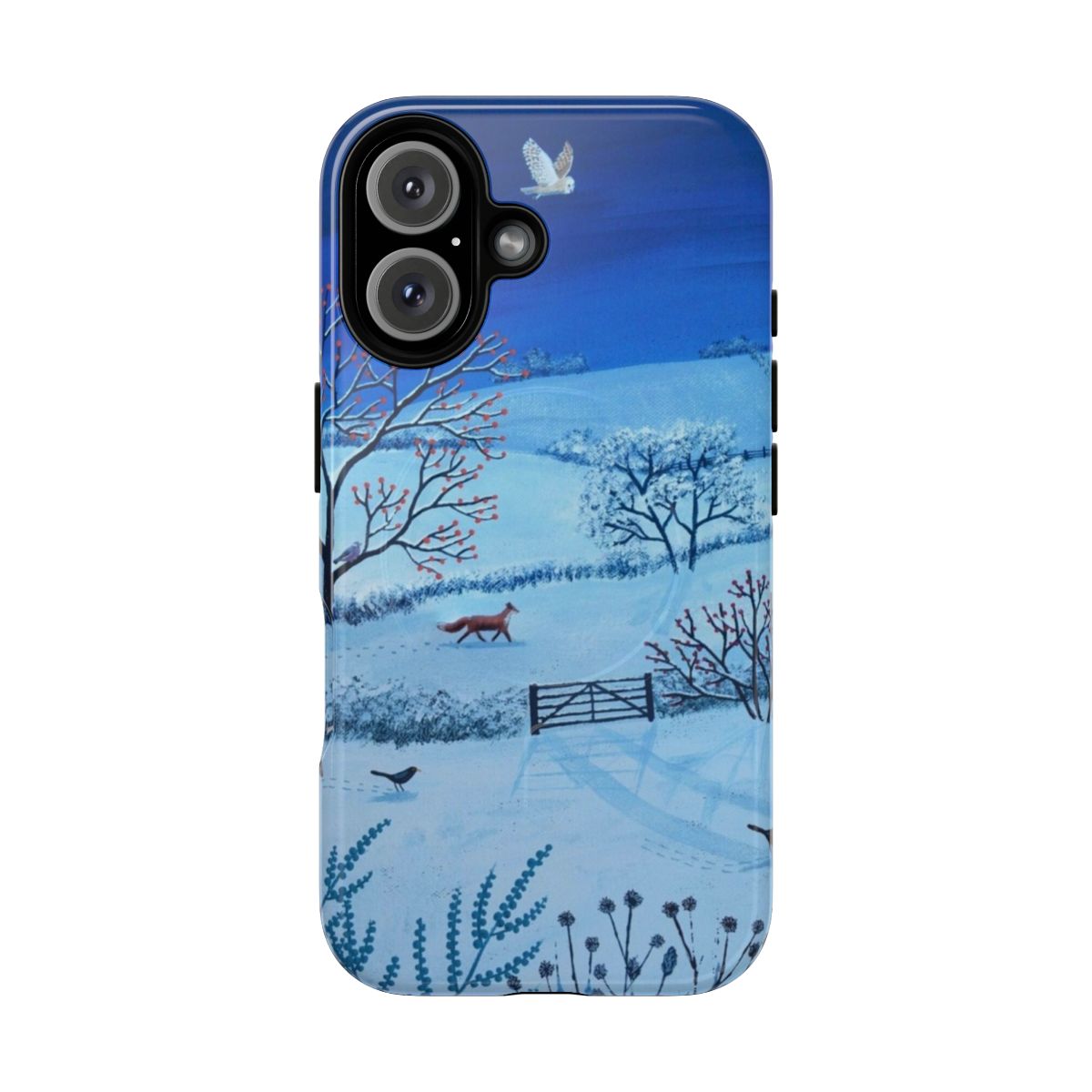 A phone case featuring a snowy night landscape with a full moon and a fox.