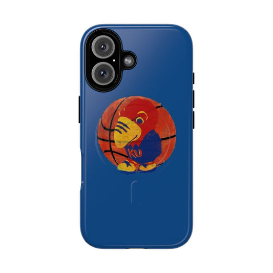 Vintage-style phone case featuring a Jayhawk mascot design, perfect for KU and college basketball enthusiasts.