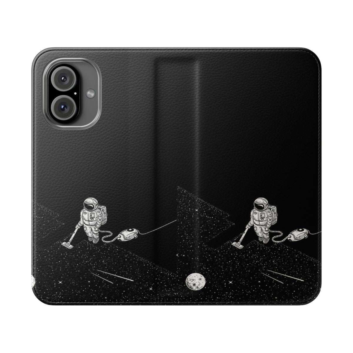 Astronaut vacuuming in space on a black and white flip phone case with stars and planets