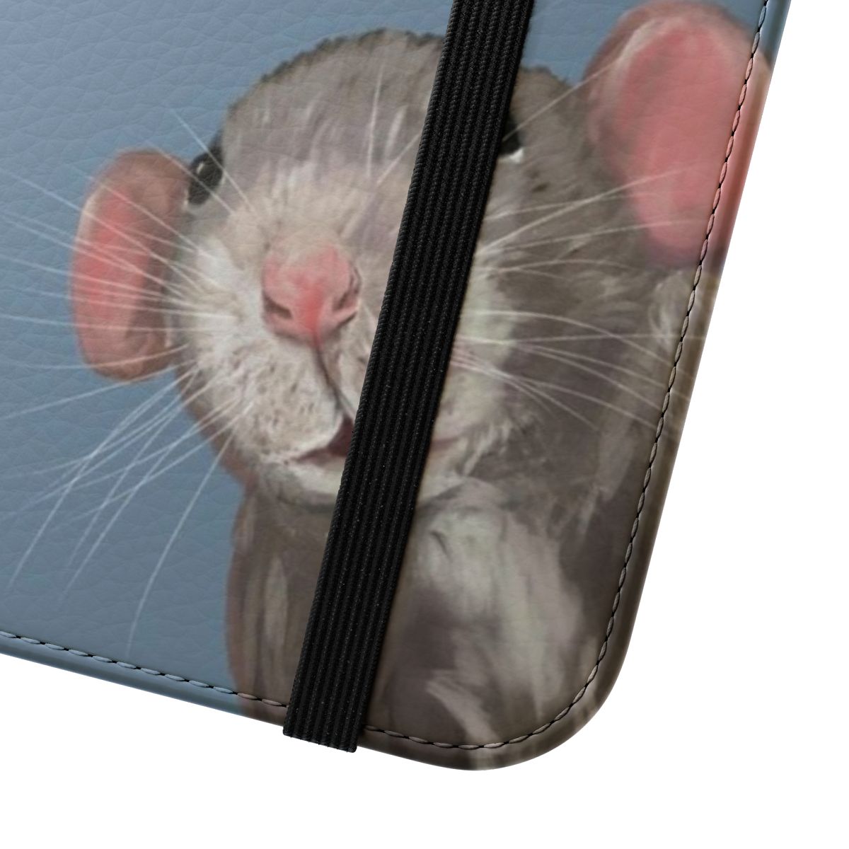 Close-up photo of a cute dumbo rat on a flip phone case - Close Up