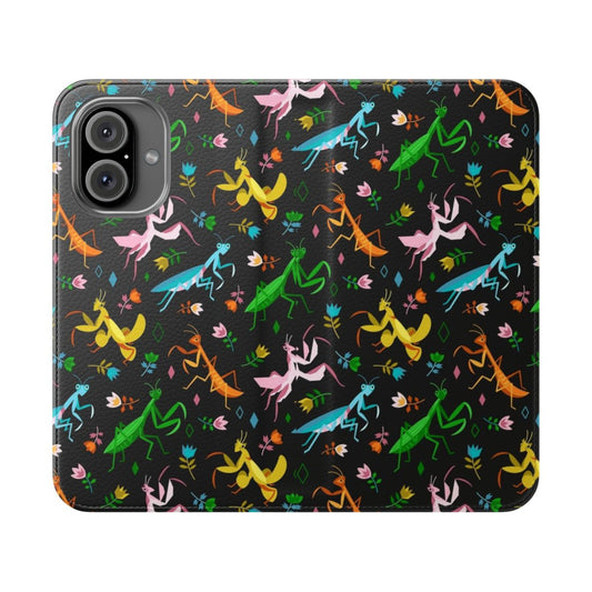 Artistic black flip phone case featuring various species of praying mantises in a geometric design