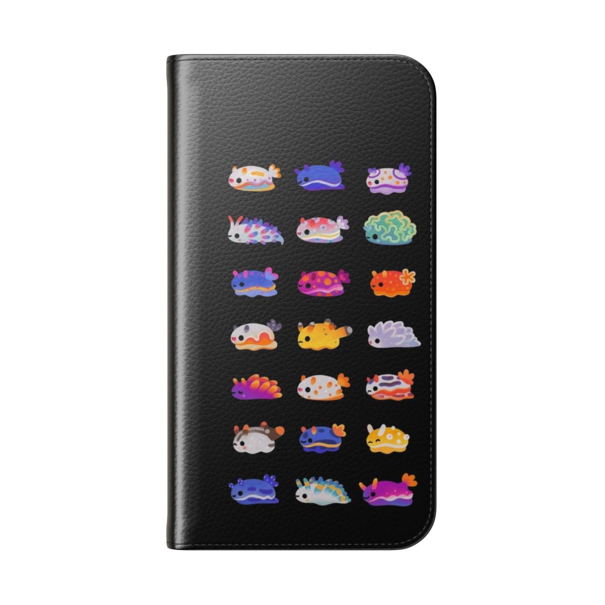 Colorful flip cover phone case featuring a vibrant sea slug or nudibranch marine creature design - Folded Back