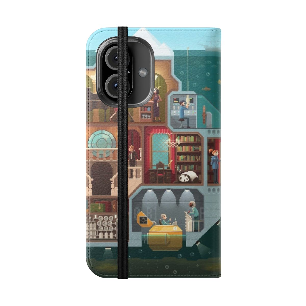 Pixel art flip cover phone case featuring a minimalist design inspired by the work of artist Octavi Navarro. - Folded Front