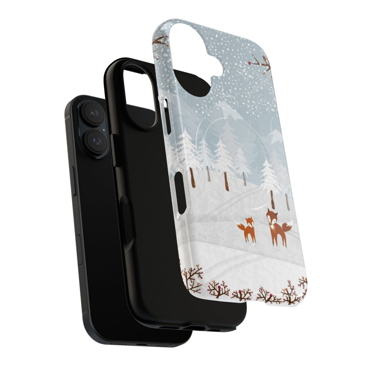 Closeup of a fox surrounded by snow and trees on a phone case - Layers