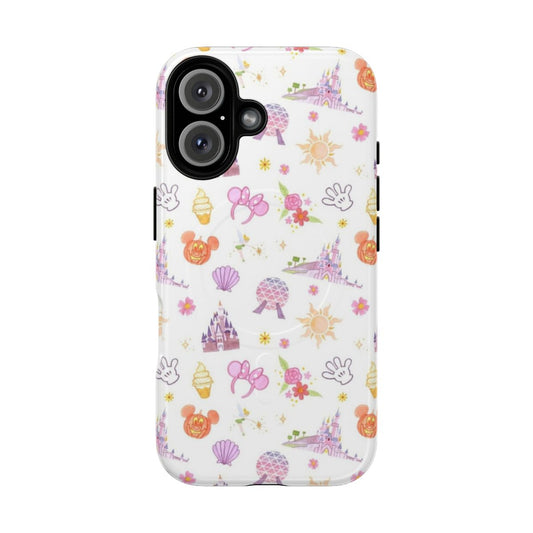 A colorful, watercolor-style phone case featuring Disney theme park icons and patterns.