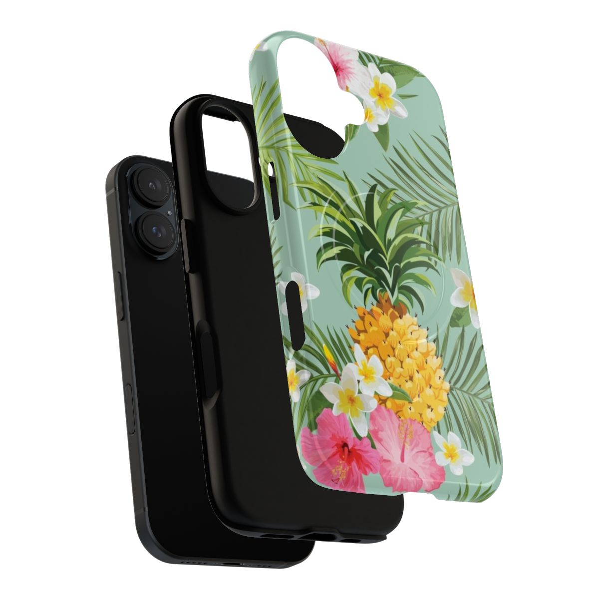 Tropical pineapple and hibiscus flower phone case in pink, white, green, and yellow - Layers