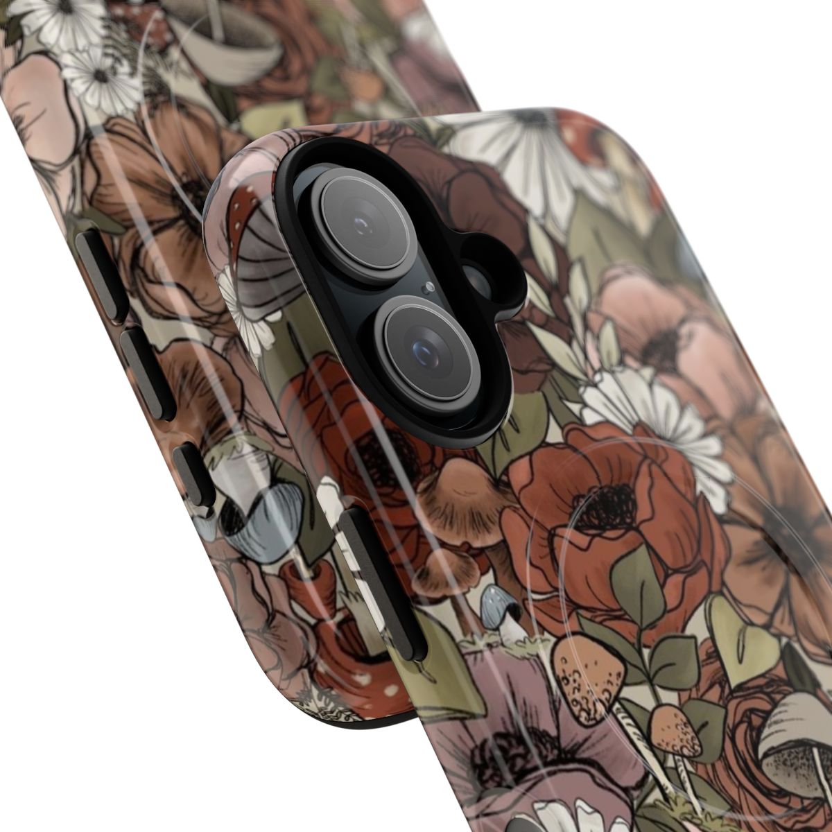 Closeup of a vibrant floral and mushroom design on a magnetic protective phone case - Detail