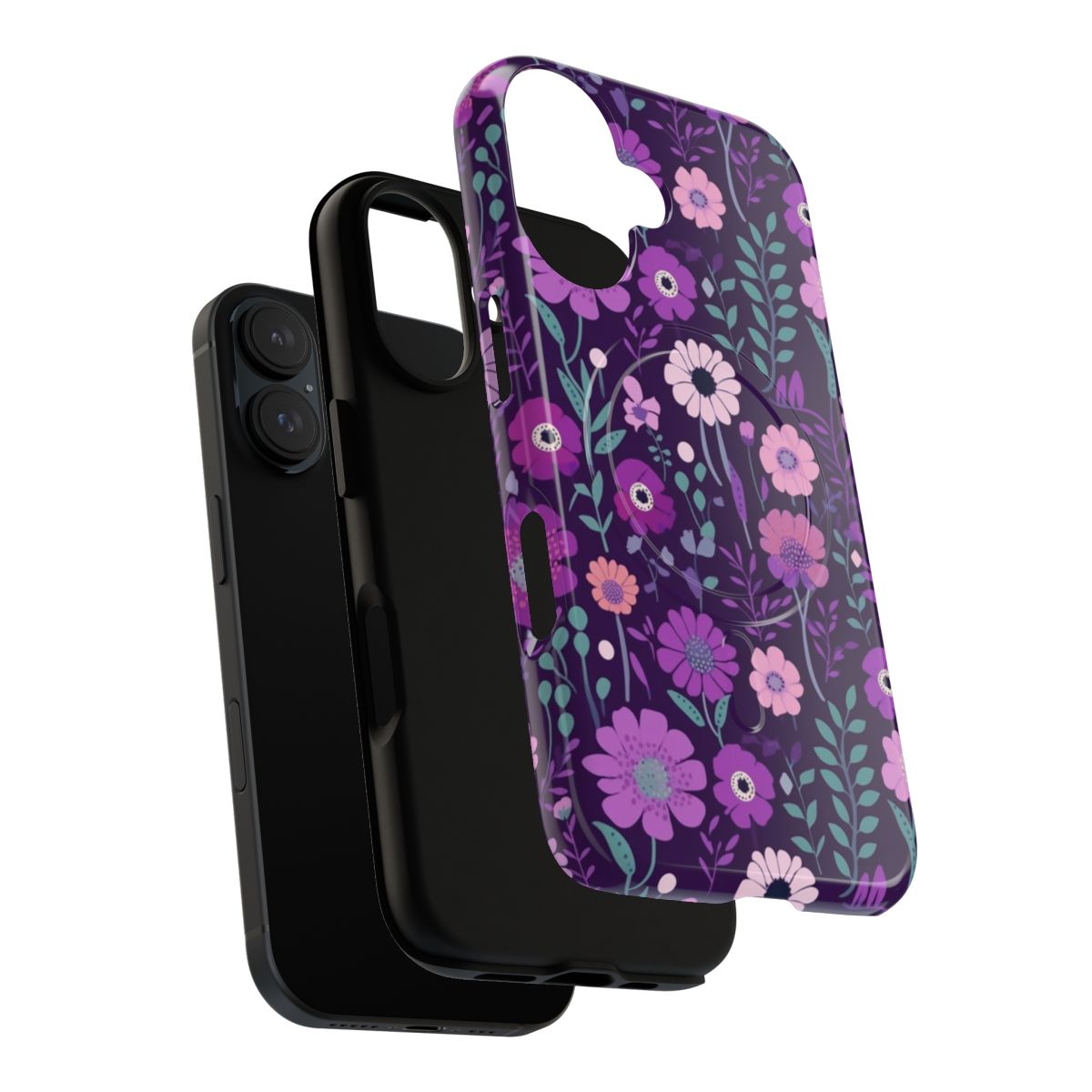 Purple flowers pattern on a tough, magnetic phone case - Layers