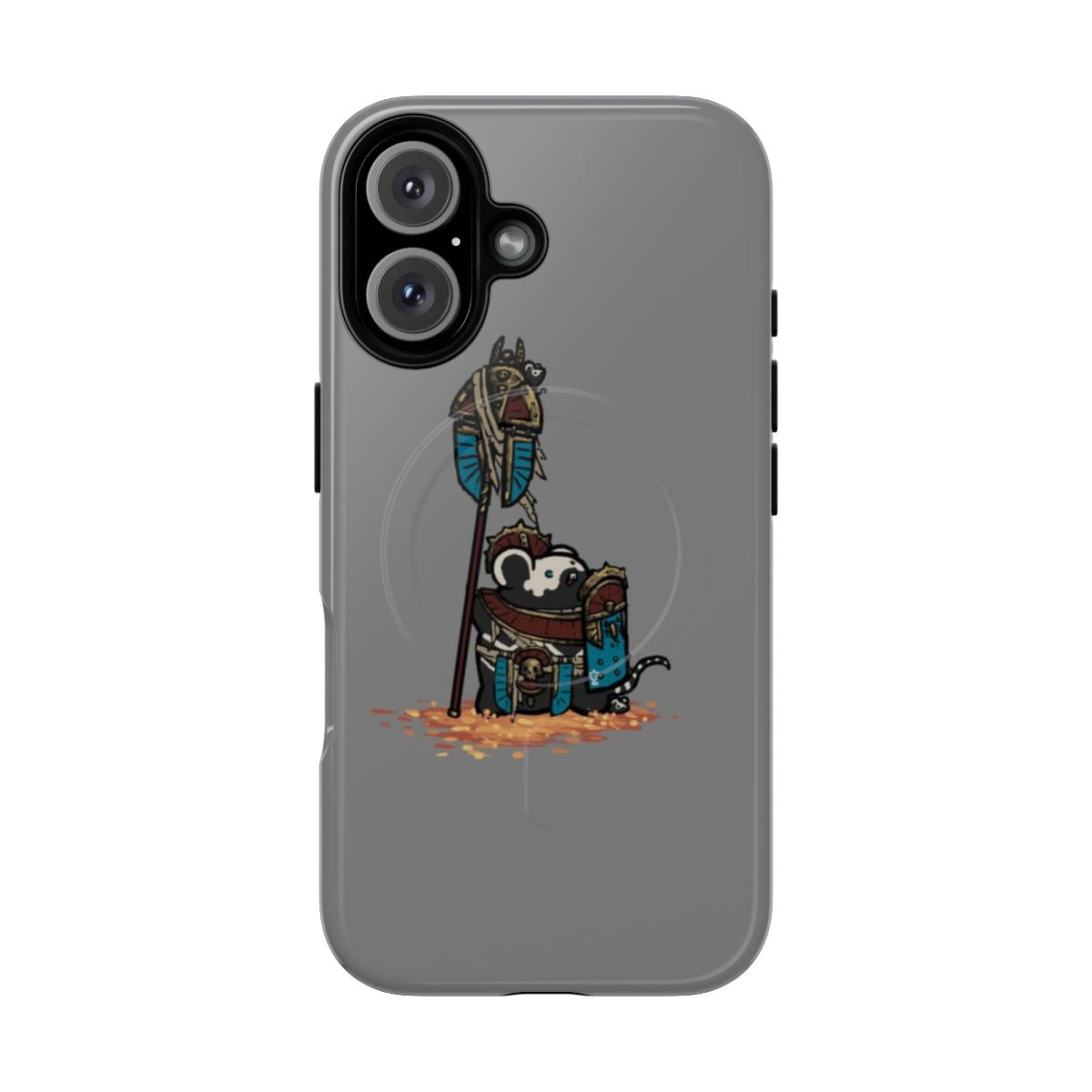 Cute and detailed magnetic tough phone case with a skaven-inspired design featuring a chibi rat in Tomb King regalia.