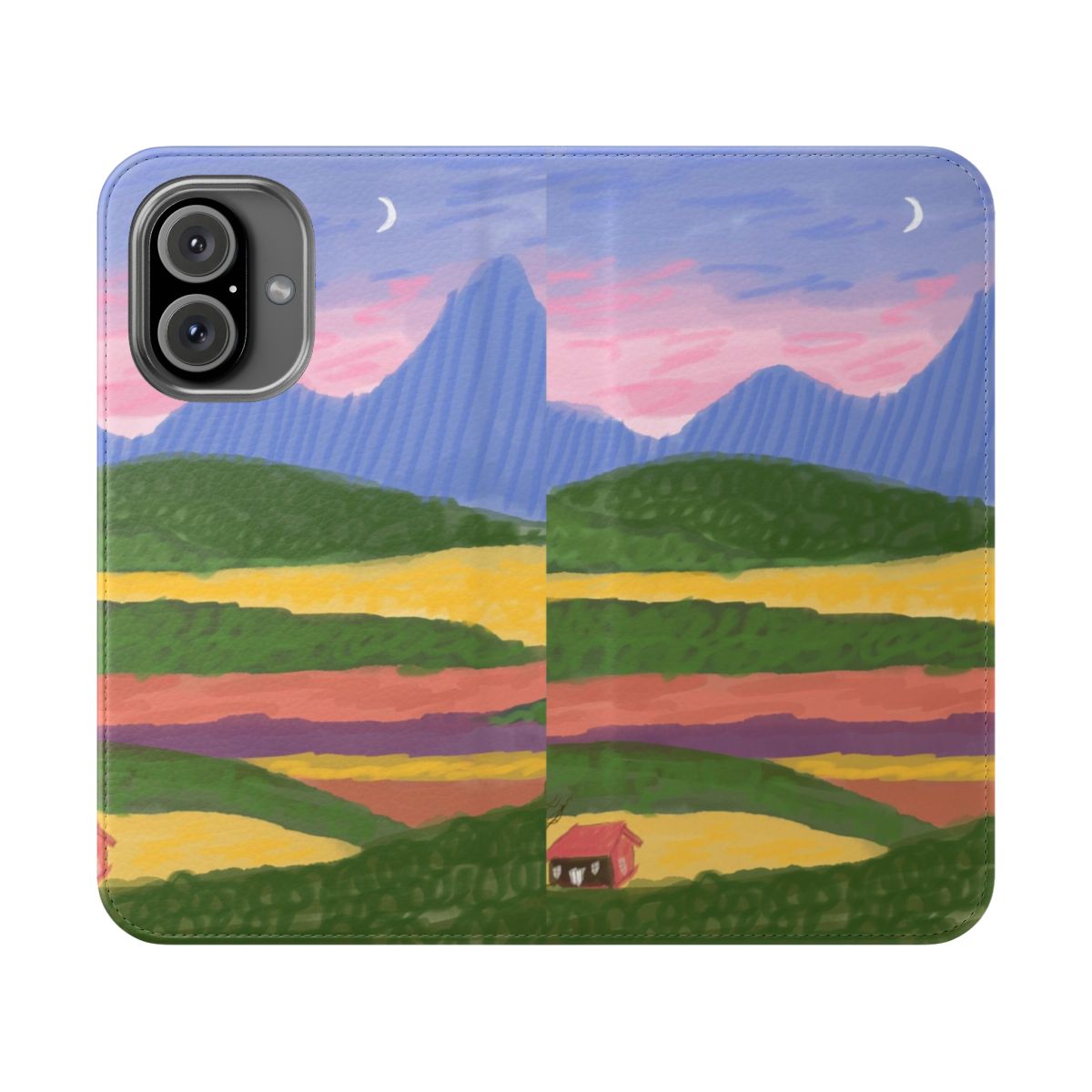 Colorful mountains and tiny house landscape art printed on a phone case