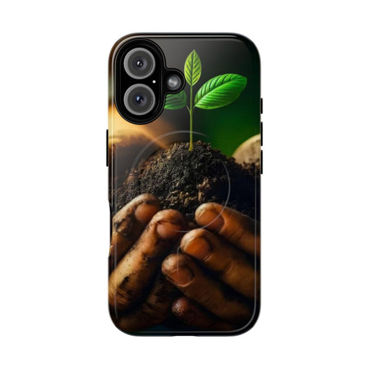 Vibrant nature-inspired phone case with artistic hand and plant illustration