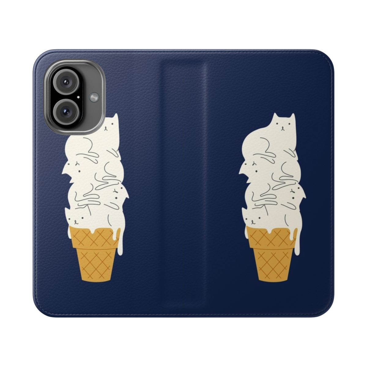 A blue phone case with a cute cat licking an ice cream cone design.