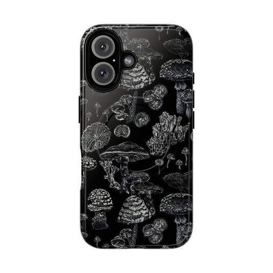 A black and white phone case with a detailed mushroom pattern, perfect for nature and goth fashion lovers.