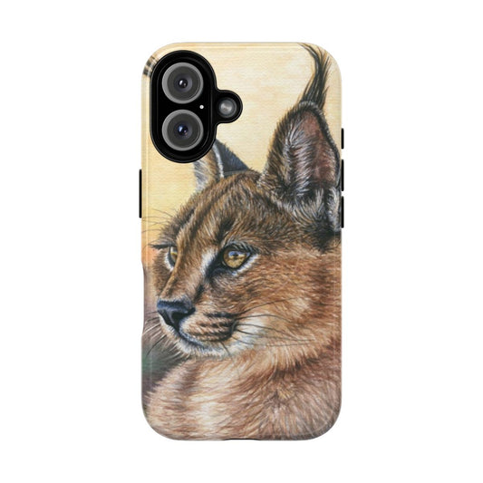 Artistic phone case featuring a watercolor painting of a caracal cat silhouetted against a sunset.