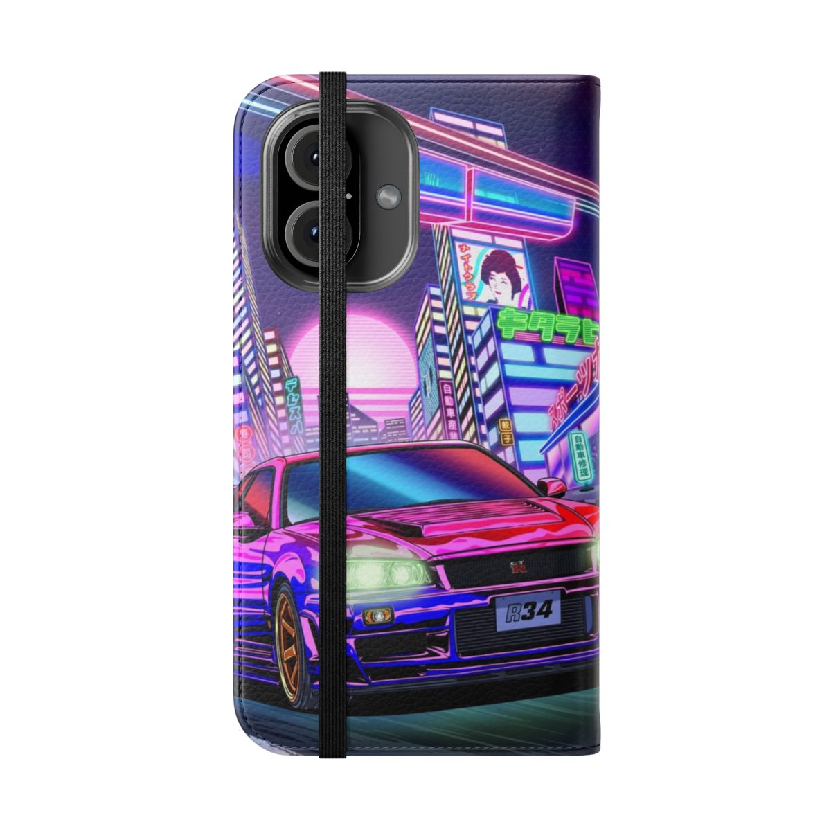 Vaporwave-inspired phone case featuring a Nissan Skyline GT-R R34 in a neon, cyberpunk-style design. - Folded Front