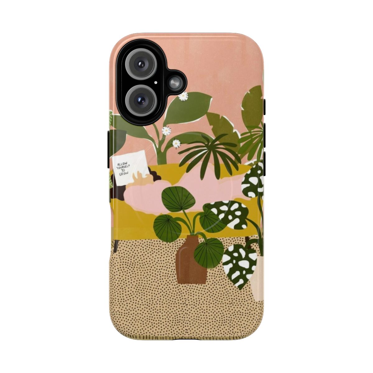 Vibrant botanical design phone case featuring lush greenery, flowers, and natural elements.