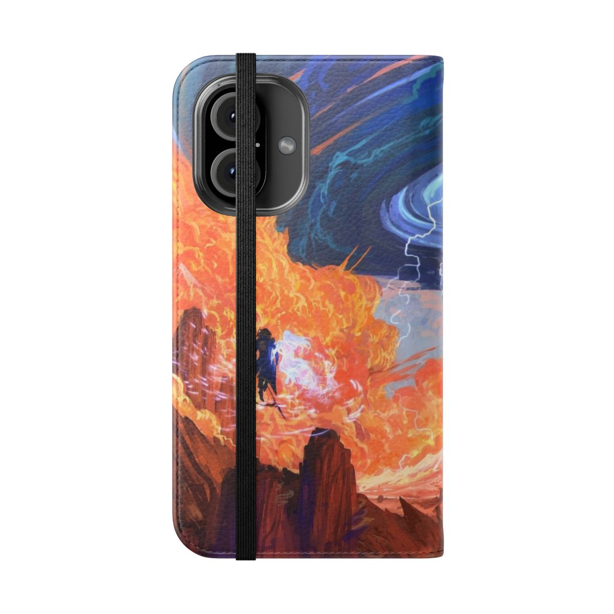 Flip cover phone case with fantasy landscape design featuring clouds, Kaladin, and Syl - Folded Front