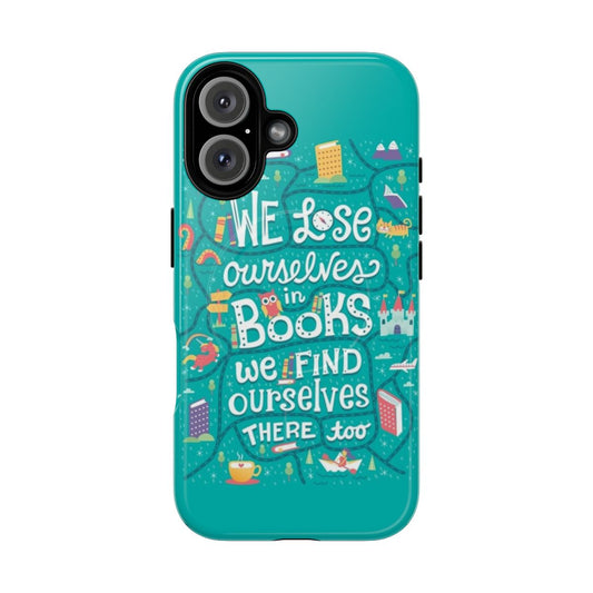 Magnetic phone case with a whimsical book-themed design featuring a unicorn and castle