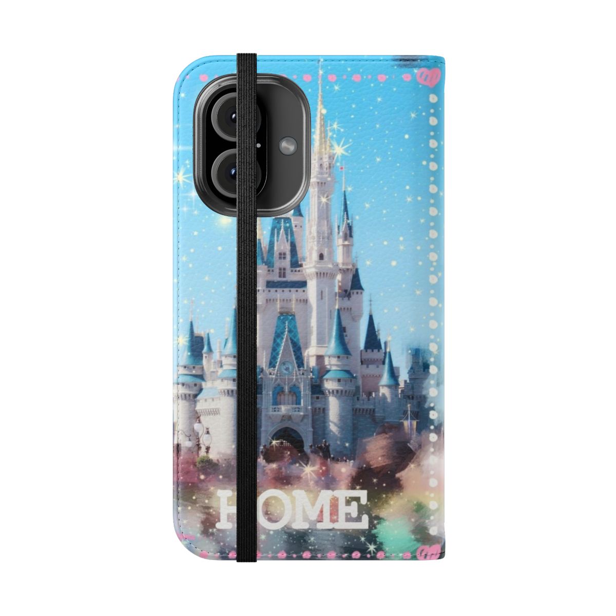 Flip cover phone case featuring a picturesque Disney castle design - Folded Front