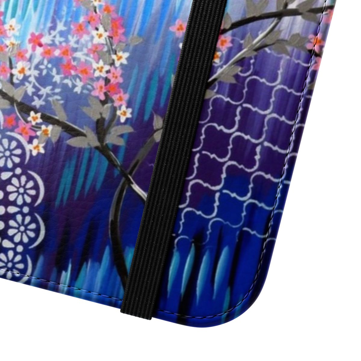 Blue butterfly design on a flip phone case - Close Up