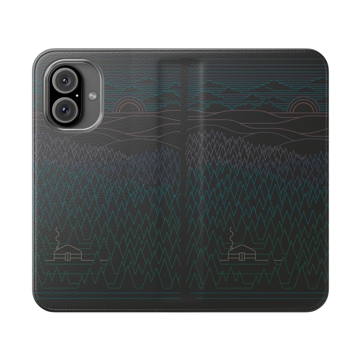 Minimalist flip cover phone case with a nature-inspired line art design in pastel colors