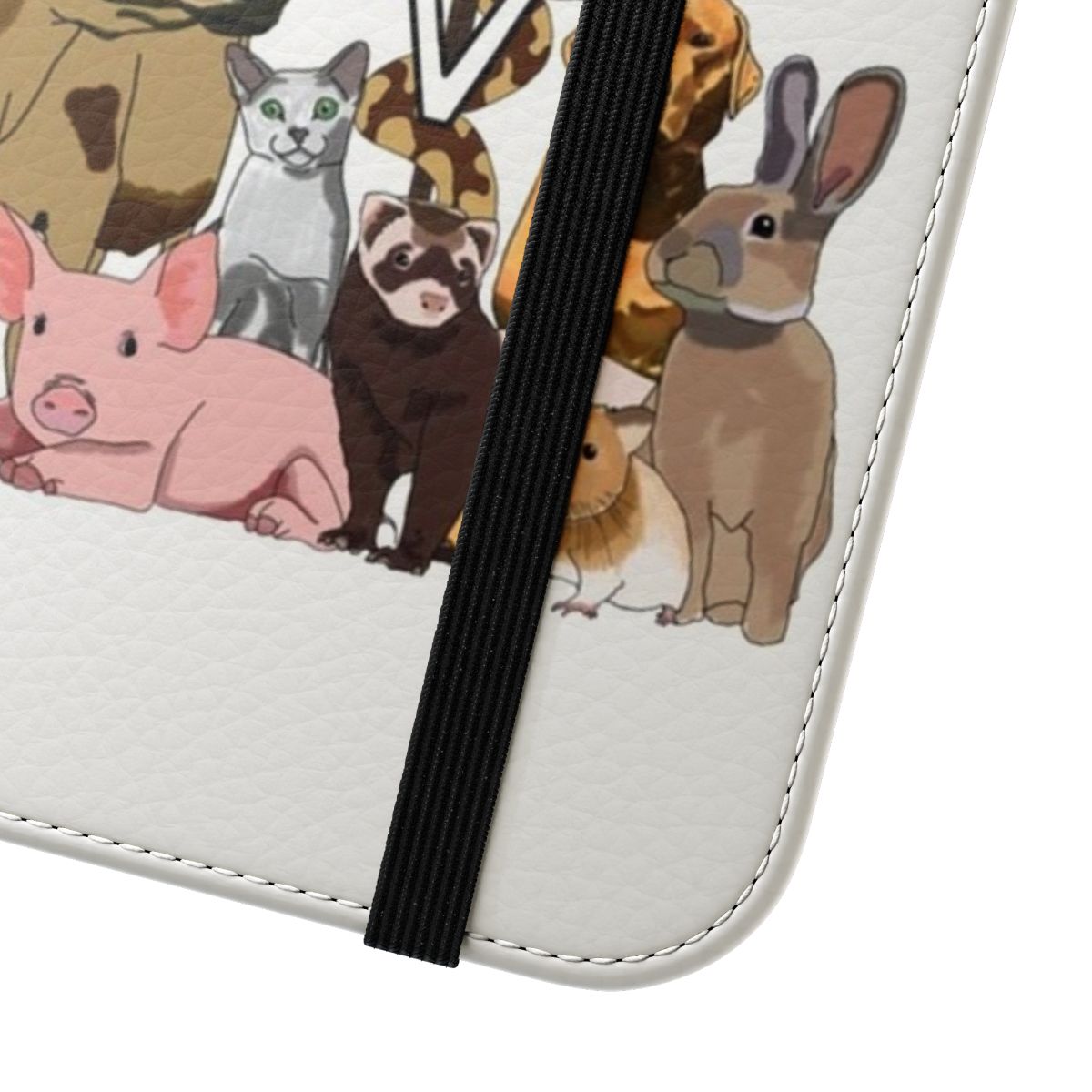 Colorful mixed animal print phone case with dog, cat, bird, and fish designs. - Close Up