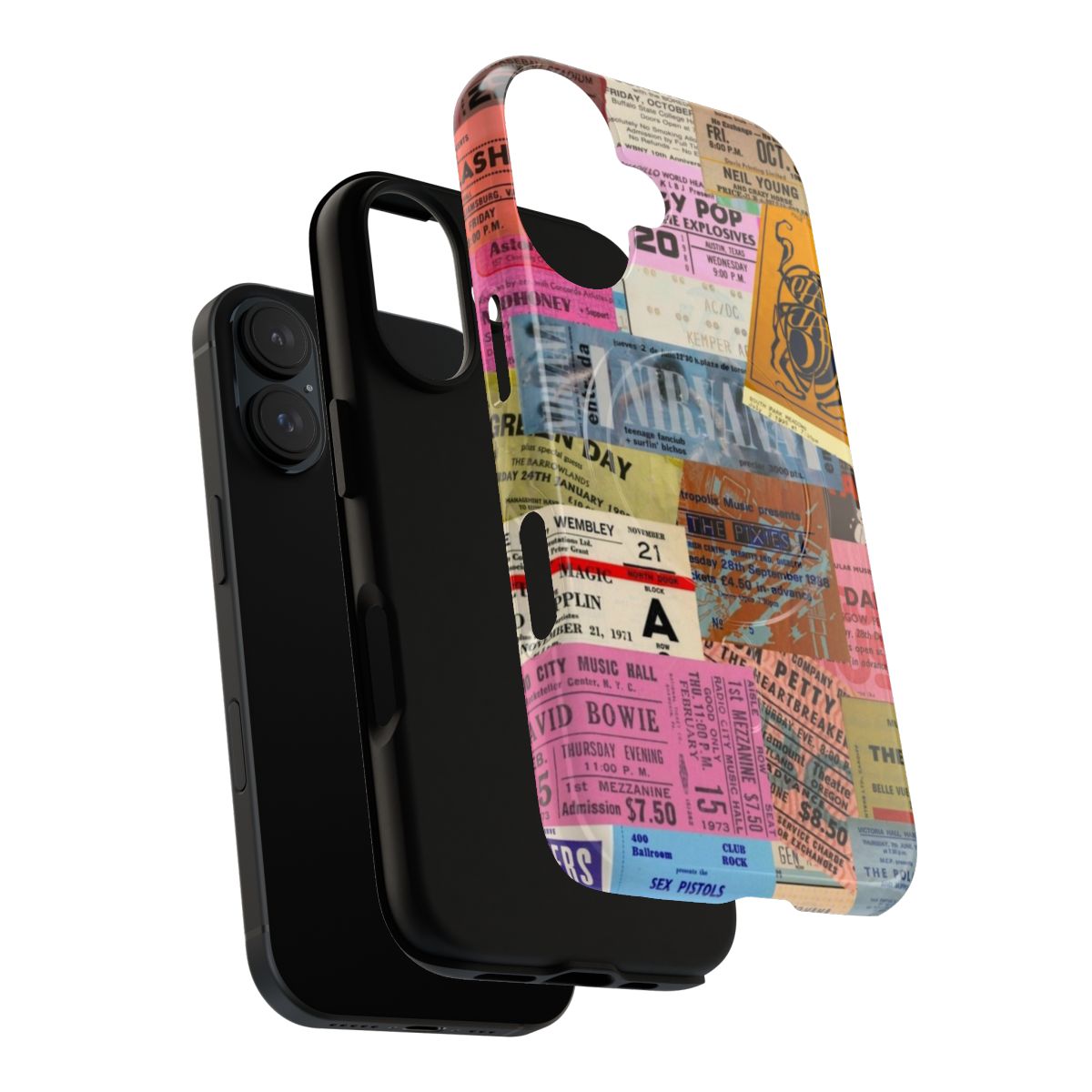 Magnetic phone case with vintage concert ticket stubs design - Layers