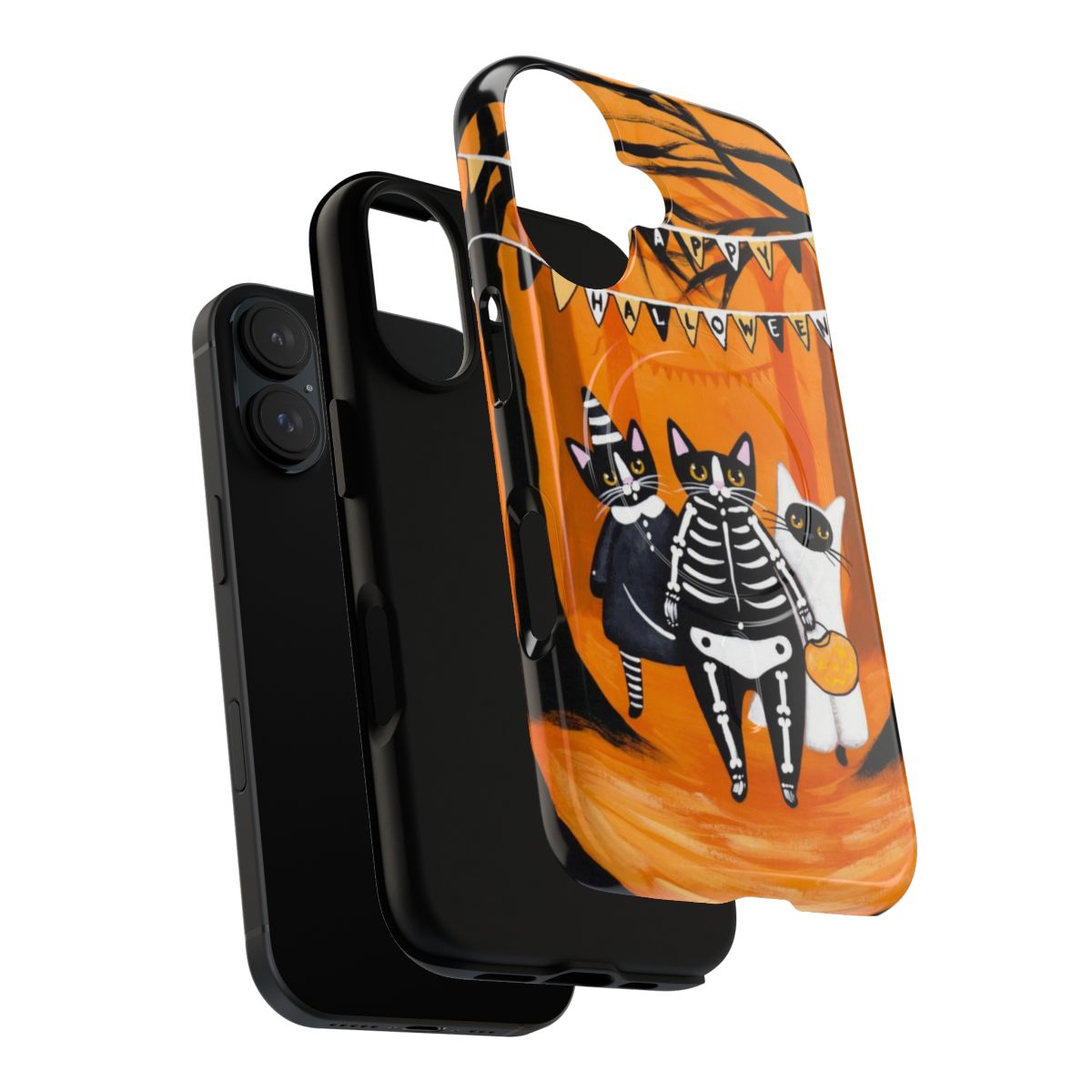 Spooky cat-themed Halloween phone cases with skeleton, ghost, and autumn forest designs - Layers