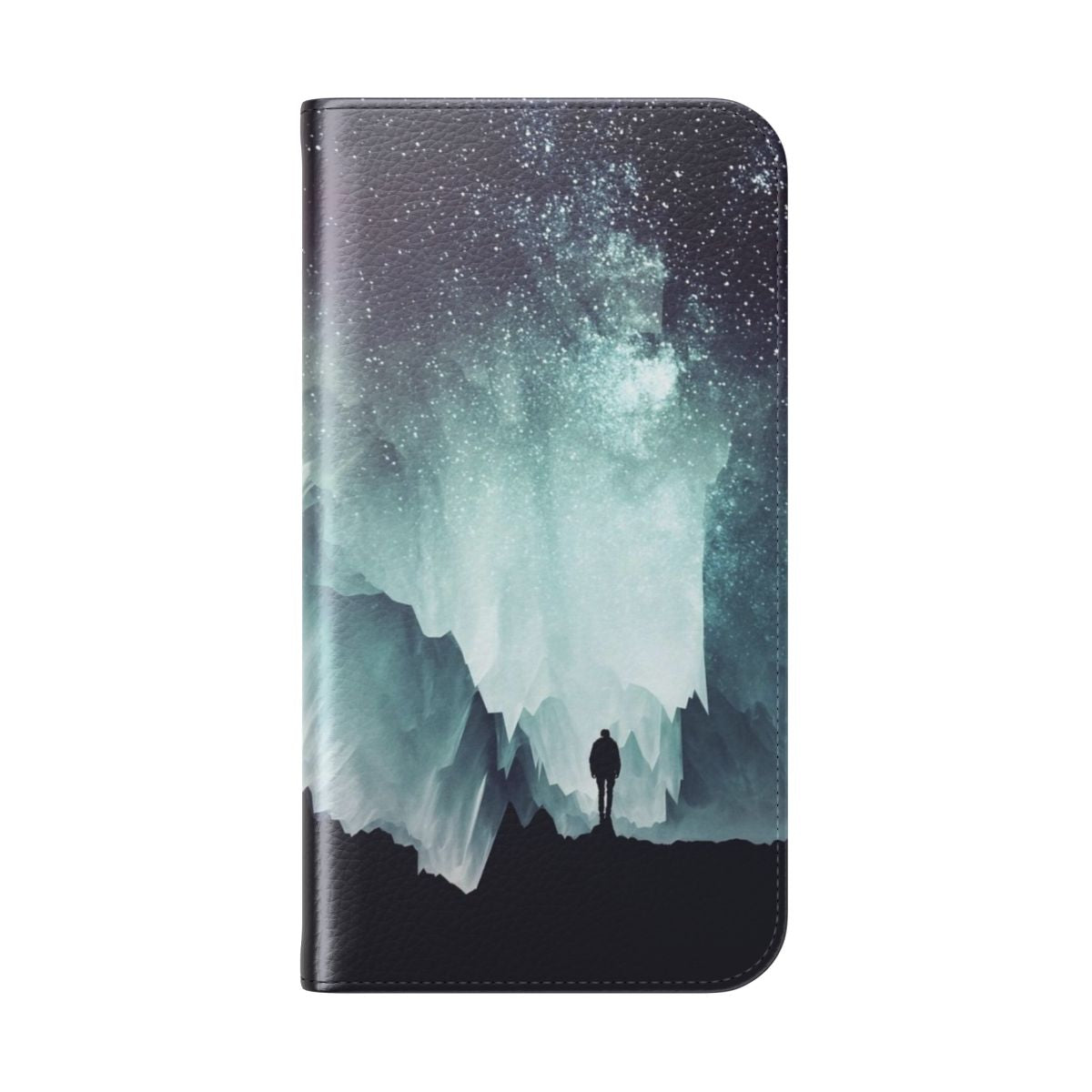 A stunning northern landscape phone flip cover case featuring a silhouetted figure against a starry night sky - Folded Back