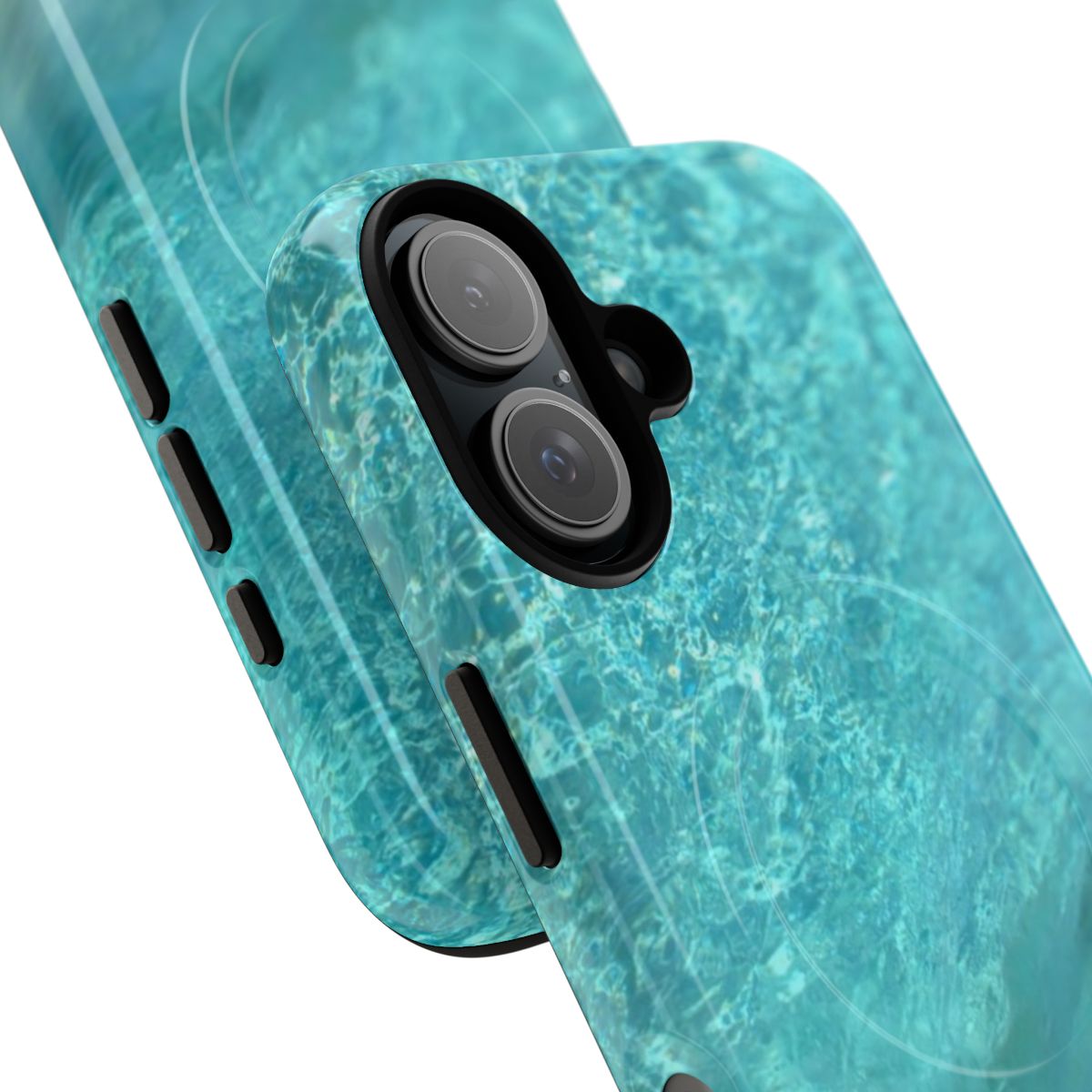 Vibrant turquoise liquid flowing in an abstract pattern on a phone case - Detail